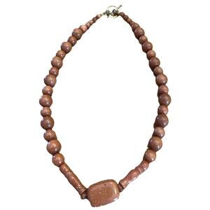 19 1/2" Handmade Goldstone Sparkle Beaded Necklace w/ Center Stone Brown Toggle